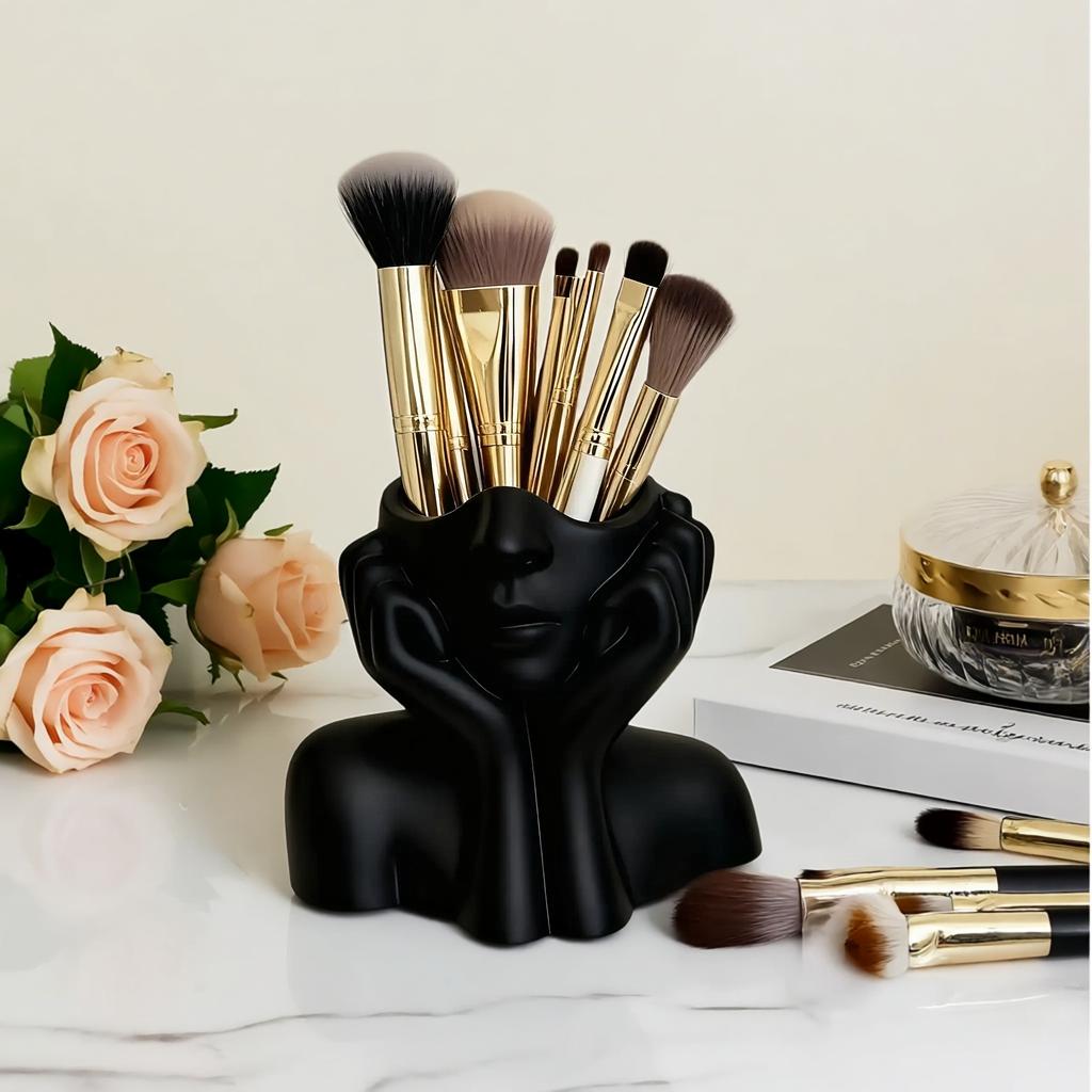 1pc Facial Styling Makeup Brush Holder | Black and White PVC Makeup Storage Box Designed for Women/Ladies' Faces - Lightweight and Portable, Suitable