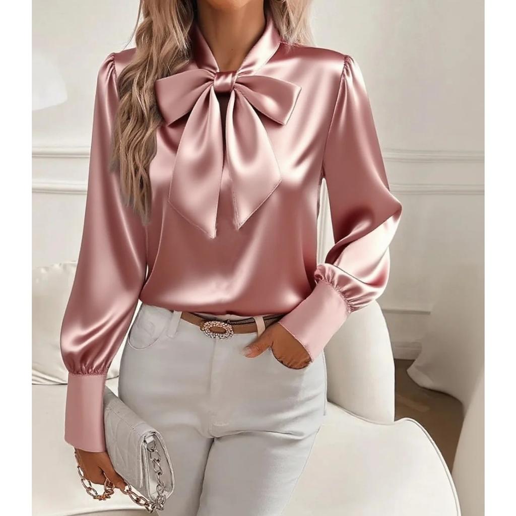 Standing Collar Bow Long Sleeved Women's Satin Shirt, Elegant and Slim Fit, Suitable for Commuting To Work
