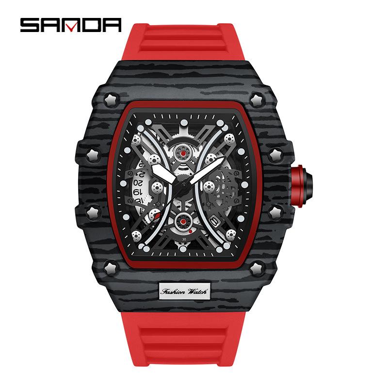 Sanda Men s Creative Quartz Watch - Patterned Barrel Shape with Calendar Skeleton Design