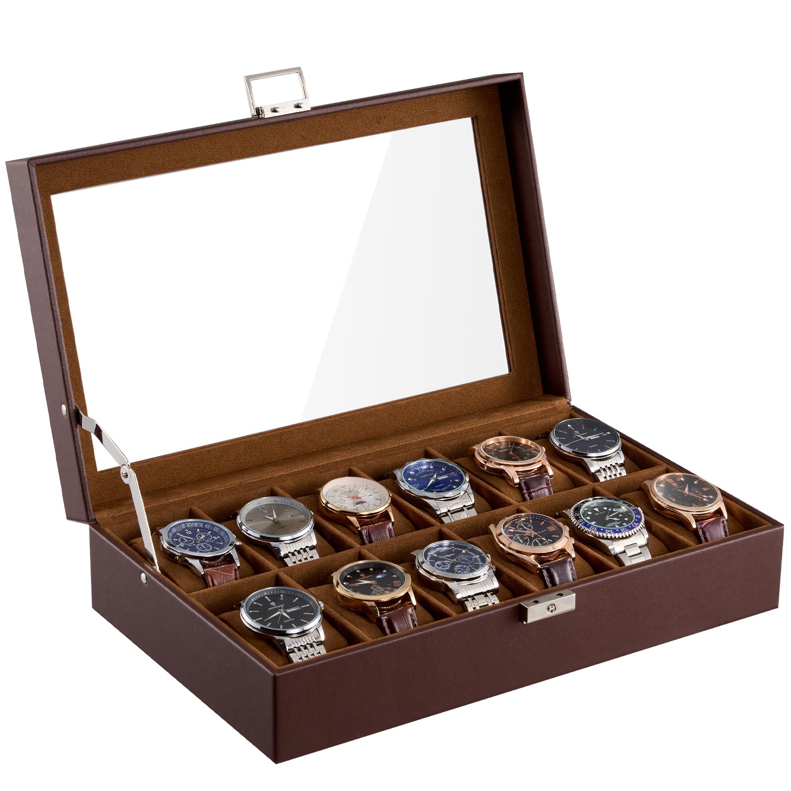 ProCase Шкатулка для часов большой емкости из ПУ-кожи с дисплеем для ювелирных изделий, с прозрачной крышкой, цвет Эспрессо, на 12 часов для мужчин, Органайзер, -