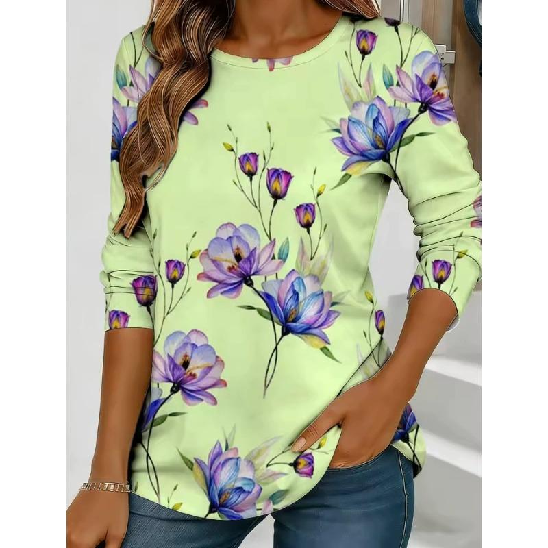 Women' 3D Floral Print T-shirt O Neck Long Sleeved Spring Autumn T-Shirts Fashion Loose Casual Retro Tops