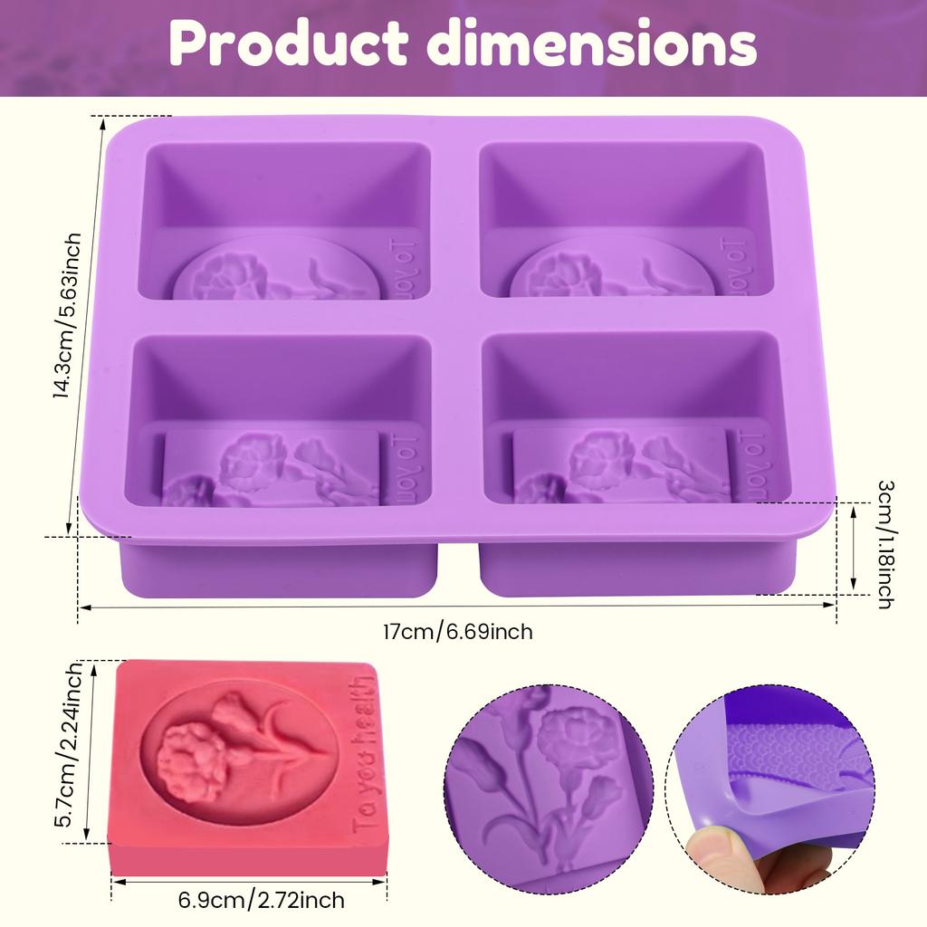 2Pcs Silicone Soap Molds 4 Cavity Rectangle Soap Mold Flower Pattern Chocolate Making Tool for Chocolate Candle Jelly Resin
