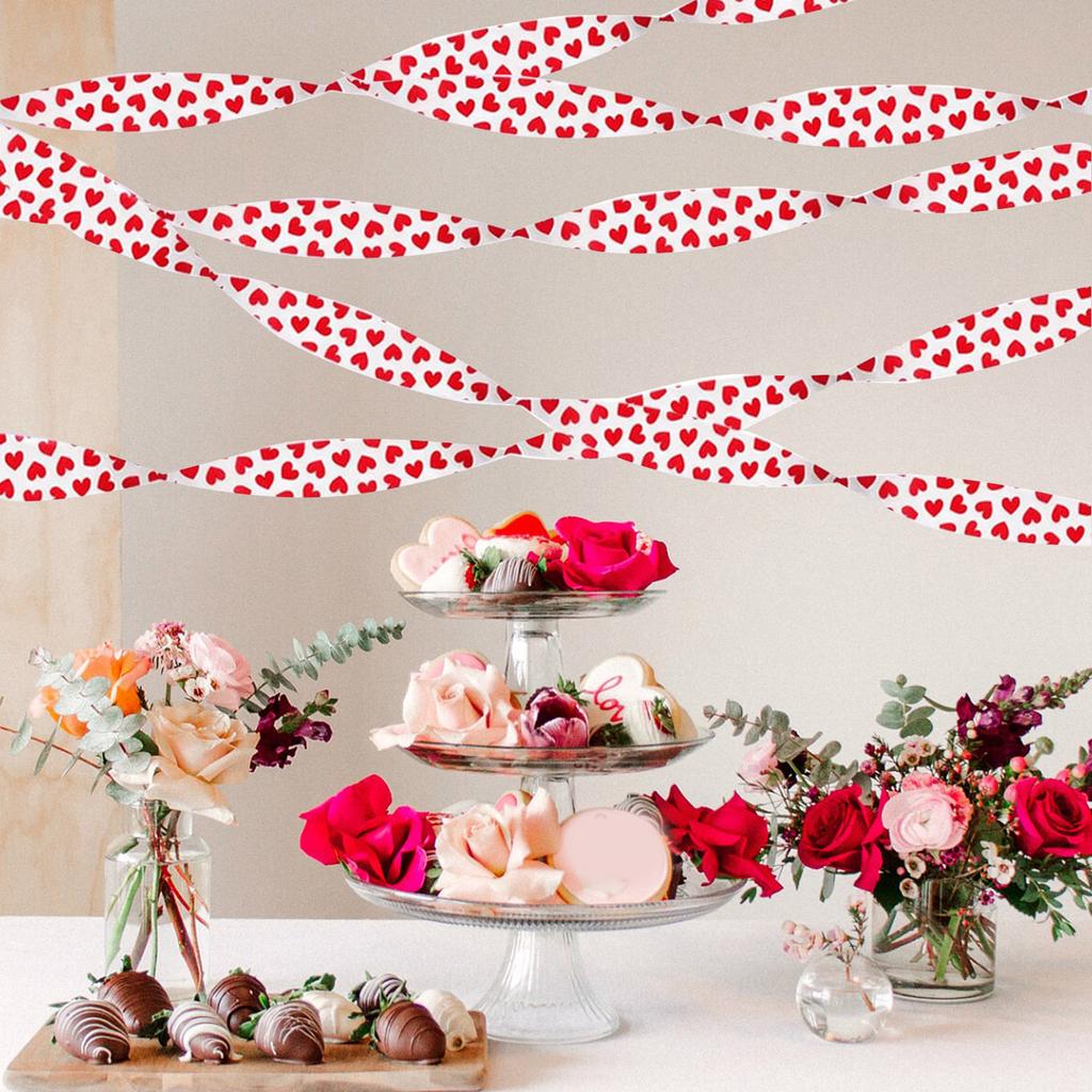 Pack Of 6 Valentines Heart Print Crepe Paper Rolls Colorful Ribbon Wedding Party Decorations Handmade Craft Supplies