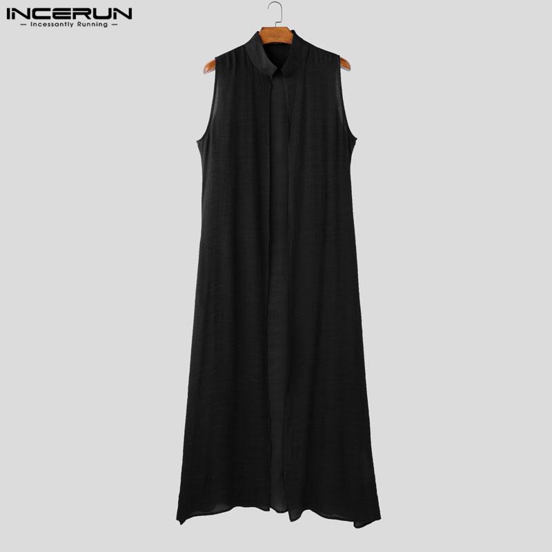 INCERUN Summer Men Satnd Neck Sleeveless Open Front Casual Loose Long Tanks Cardigan