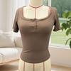 Women Tops Slim Fit Square Neck Rib Knitted Shirt Pure Color Short Sleeve Lace Splicing Stretchy Tops with Buttons Detail Daily Wear