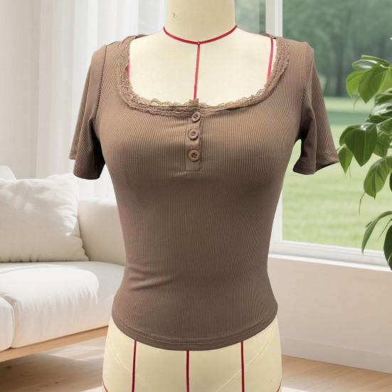 Women Tops Slim Fit Square Neck Rib Knitted Shirt Pure Color Short Sleeve Lace Splicing Stretchy Tops with Buttons Detail Daily Wear