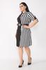 Women's Big Size Dress Black Double Breasted Collar Stripe Patterned Fake Button Dress