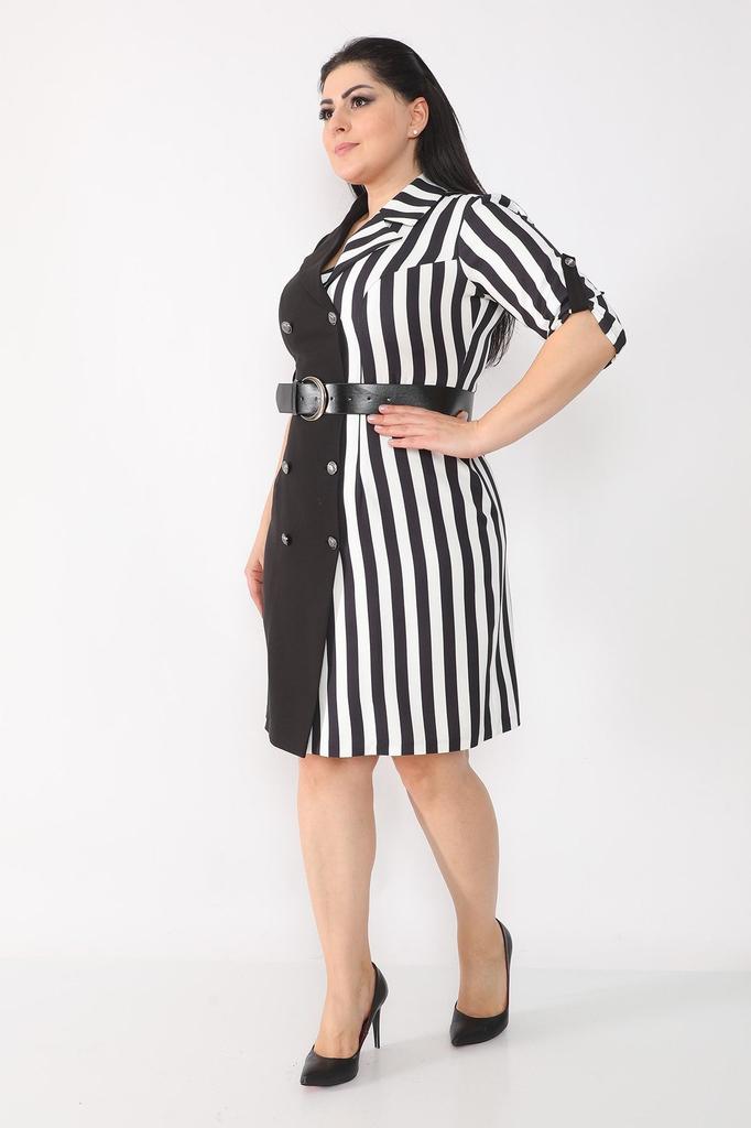 Women's Big Size Dress Black Double Breasted Collar Stripe Patterned Fake Button Dress