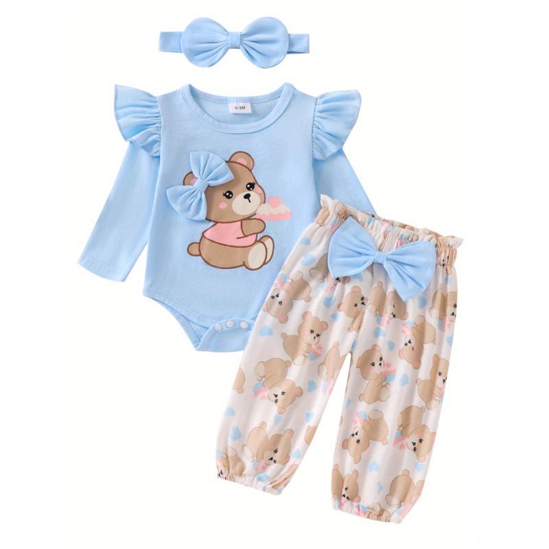 

Baby Girl Fall Outfit, Bear Print Long Sleeve Romper Elastic Waist Pants Bow Headband 3pcs Set, Perfect for Outdoor 12-18M синий