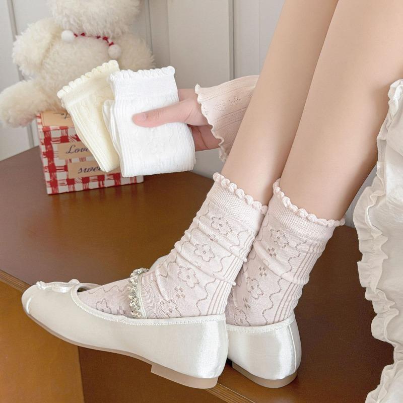Spring/Summer Lightweight Children's Lace-Free Breathable Ear-Notched Padded Stockings with Bubble Edges and Lace Mid-Calf Length Socks