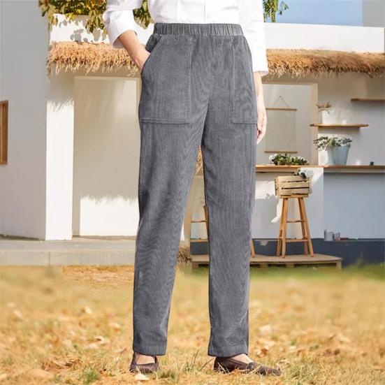 Corduroy Casual Pants Elastic Waist Women Long Pants with Pockets Solid Color Straight Leg Commuting Office Travel Slacks