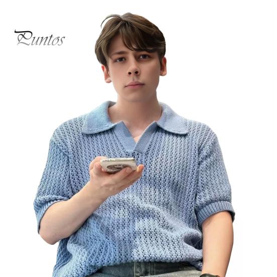 

Мужская трикотажная футболка с вырезом, коротким рукавом и лацканами, свободный повседневный летний топ для уличной вечеринки M синий