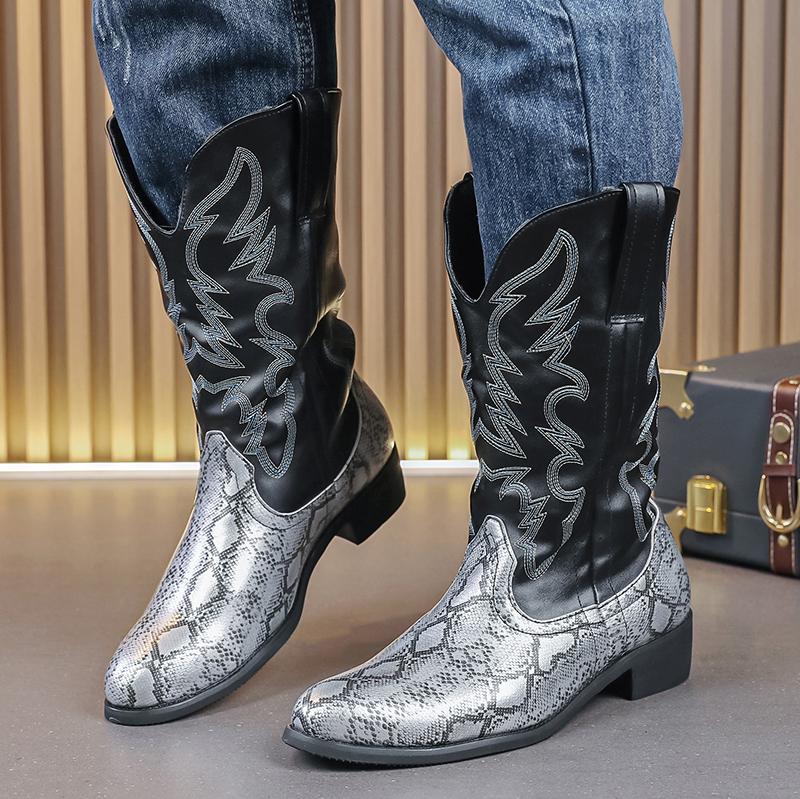 Fashion New Winter Fashion High Tops Snakeskin Mix Western Cowboy Boots For Men's Casual Luxury Brand High-top Shoes Zapatos Hombre