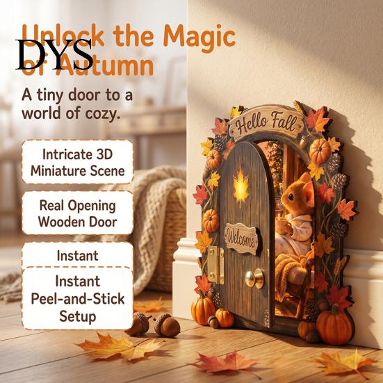 Fall Home Decor Accents Elf Wooden Door Halloween Decor, 2D Fairy Mouse Miniature Wall Rustic Autumn Shelf Hanging, Ornament for Home, Thanksgiving