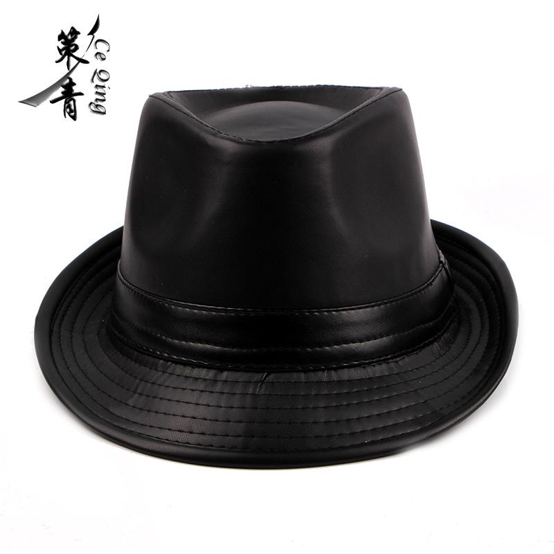 Herbst und Winter neue PU-Leder Zylinderhut Damen leichte Platte Mode Britisch schlicht Retro geschwungene Krempe Hut Herren Jazzhut Tide