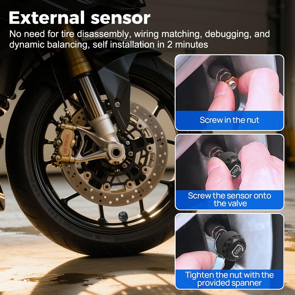 Motocyklový TPMS Moto Systémy alarmu pneumatik Solární energie Reálný čas Se 2 externími senzory Systém monitorování tlaku v pneumatikách Teplotní alarm