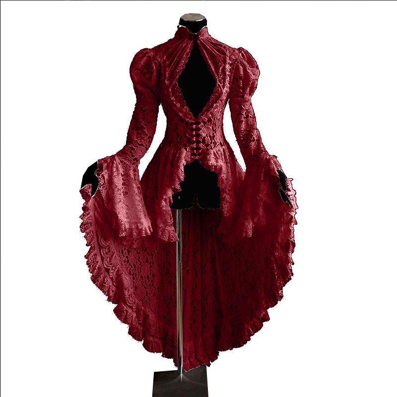 2025 Retro-Spitzenkleid mit Stehkragen, Trompetenärmeln und Schwalbenschwanzrock