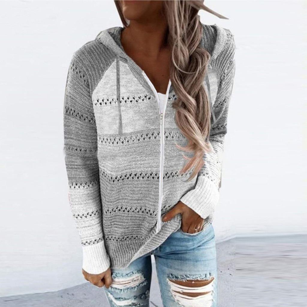 Womens Zip Up Color Block Hoodie Sweaters Long Sleeve Cardigan Sweatshirts