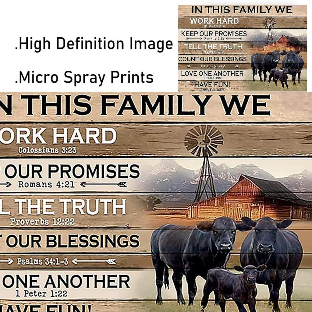 In This Family Black Angus Cattle Poster Cattle Wall Art Canvas Farmhouse Cow Wooden Rustic Inspirational Quotes Art Prints Vintage Themed