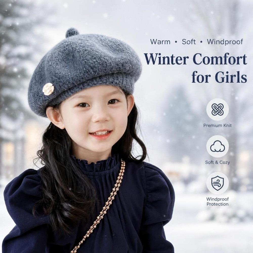 Solid Color Woolen Beret Hat Warm Lining Kids Winter Beanie Cute Winter Beret Cap  Toddler Girls
