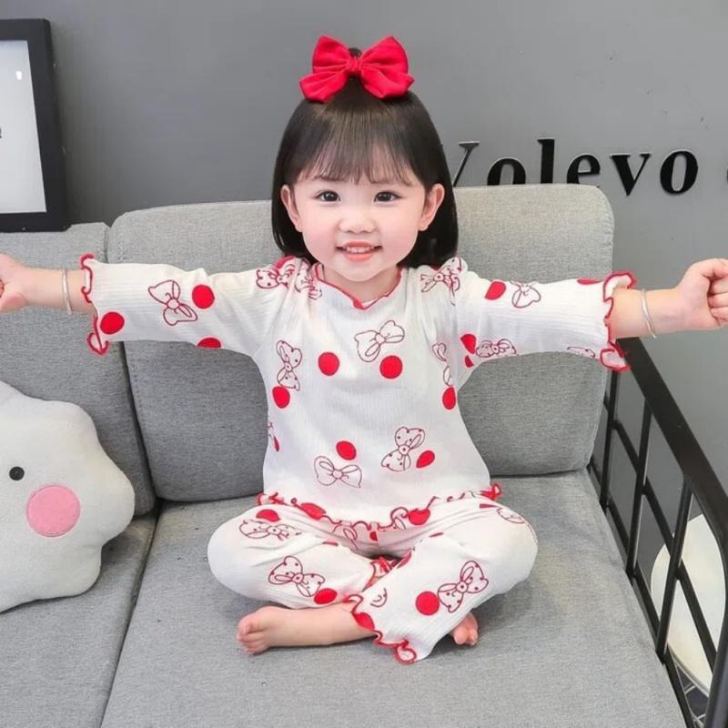 Baby Girl Long Sleeved Top And Long Pants Loungewear Two Piece Set Printed Ruffled Kids Clothing Set