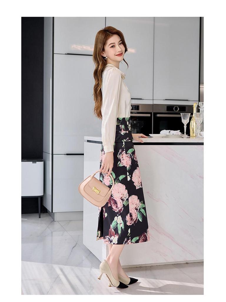 2025 Spring Fashion Slim Fit Long-Sleeve Shirt & Midi Skirt Set