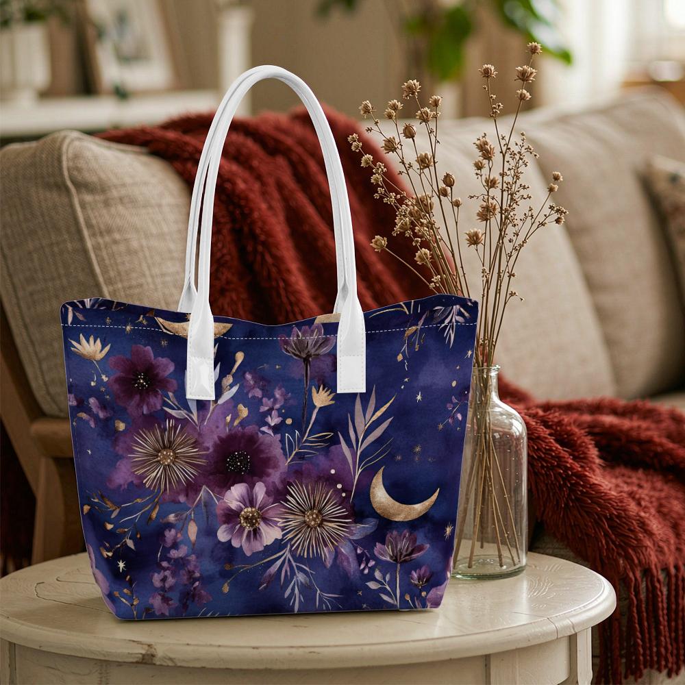Purple Floral Moon Print Casual Tote Bag Large Capacity Portable Daily Commute Shopping Handbag for Women 