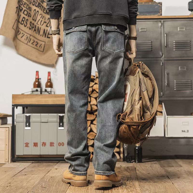 American retro men's jeans are comfortable and loose, straight washed, summer thin trendy casual long pants