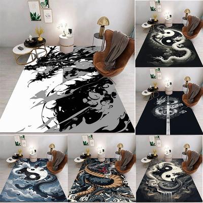 Bodenmatte mit chinesischem Drachenmuster Verschiedene Stile mit Drachen im Tintenstil Yin Yang und Samurai-Schwert-Szenen Teppich für Heimdekoration
