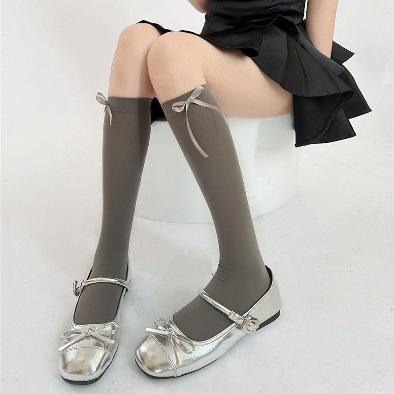 Lolita Socks, Bow Over Knee Socks, Calf Socks Gray Jk Stockings Women'S Ribbon Butterfly Long Tube