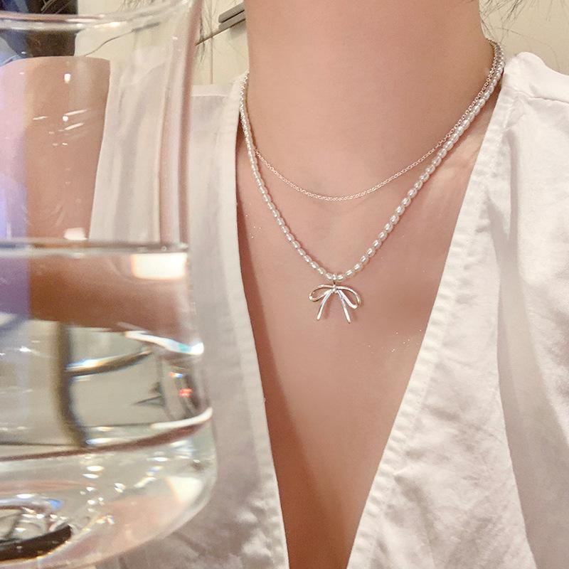 Double Stacked Pearl Bow Necklace Femininity Clavicle Chain Niche Premium Neck Chain Accessories