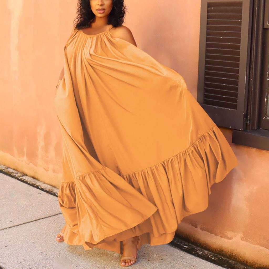 Women Fashion Casual Solid Strap Dress Pocket Loose Backless Big Swing Dress