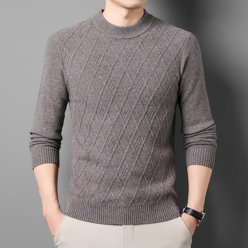 Men's 100% Wool Round Neck Winter Sweater, Casual Business Jacquard Knitwear