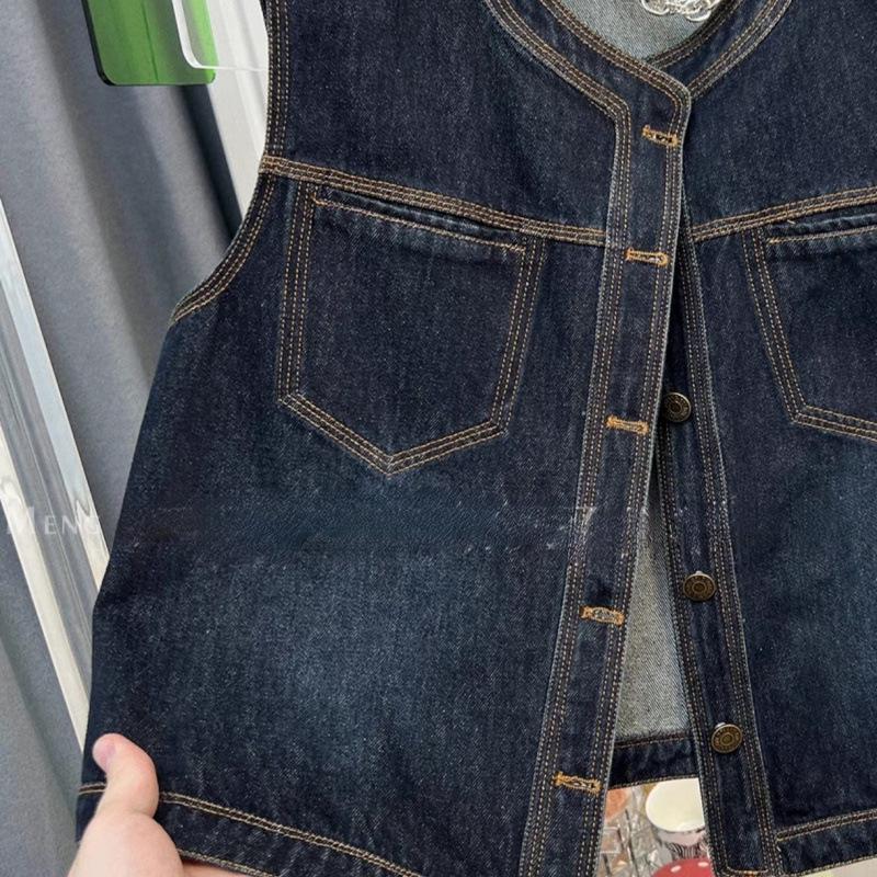 European & Korean Style Contrast Stitch Round Neck Denim Vest