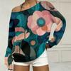 Women's Casual Retro Floral Print Off Shoulder Long Sleeve Loose Fit Sweatshirt with Pockets