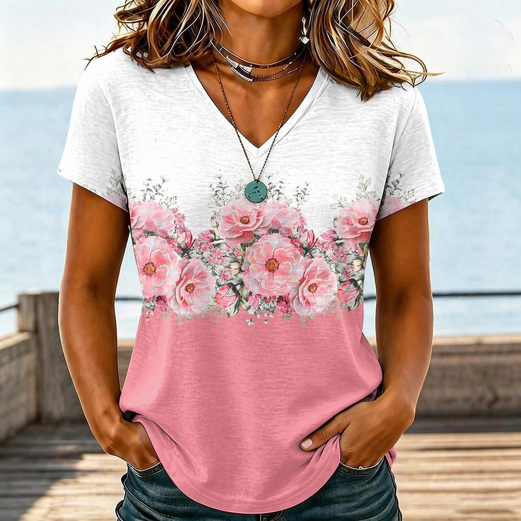 Women Casual V Neck Floral Print T Shirt Short Sleeve Lightweight Loose Fit Top for Everyday Wear