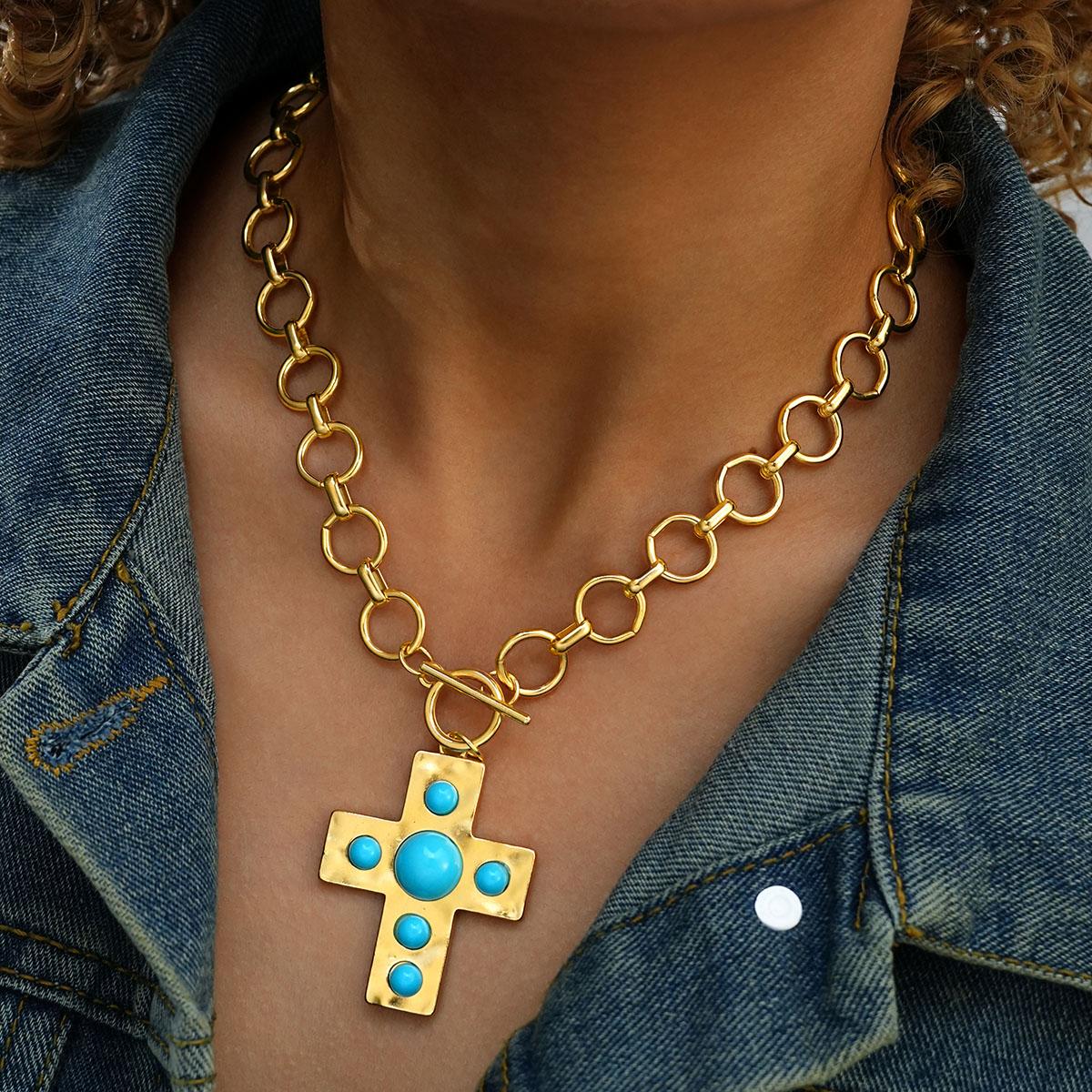 Vintage Bohemian Turquoise Cross Pendant Necklace for Women Ethnic Gold Color OT Buckle Necklace Holiday Party Jewelry Gifts New