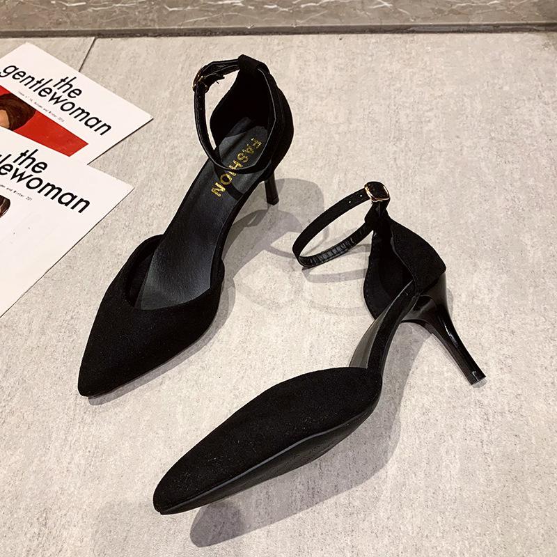 Versatile fashion one-word buckle single shoes 2026 new spring and autumn high heels women's pointed head black thin heel professional OL women's tide