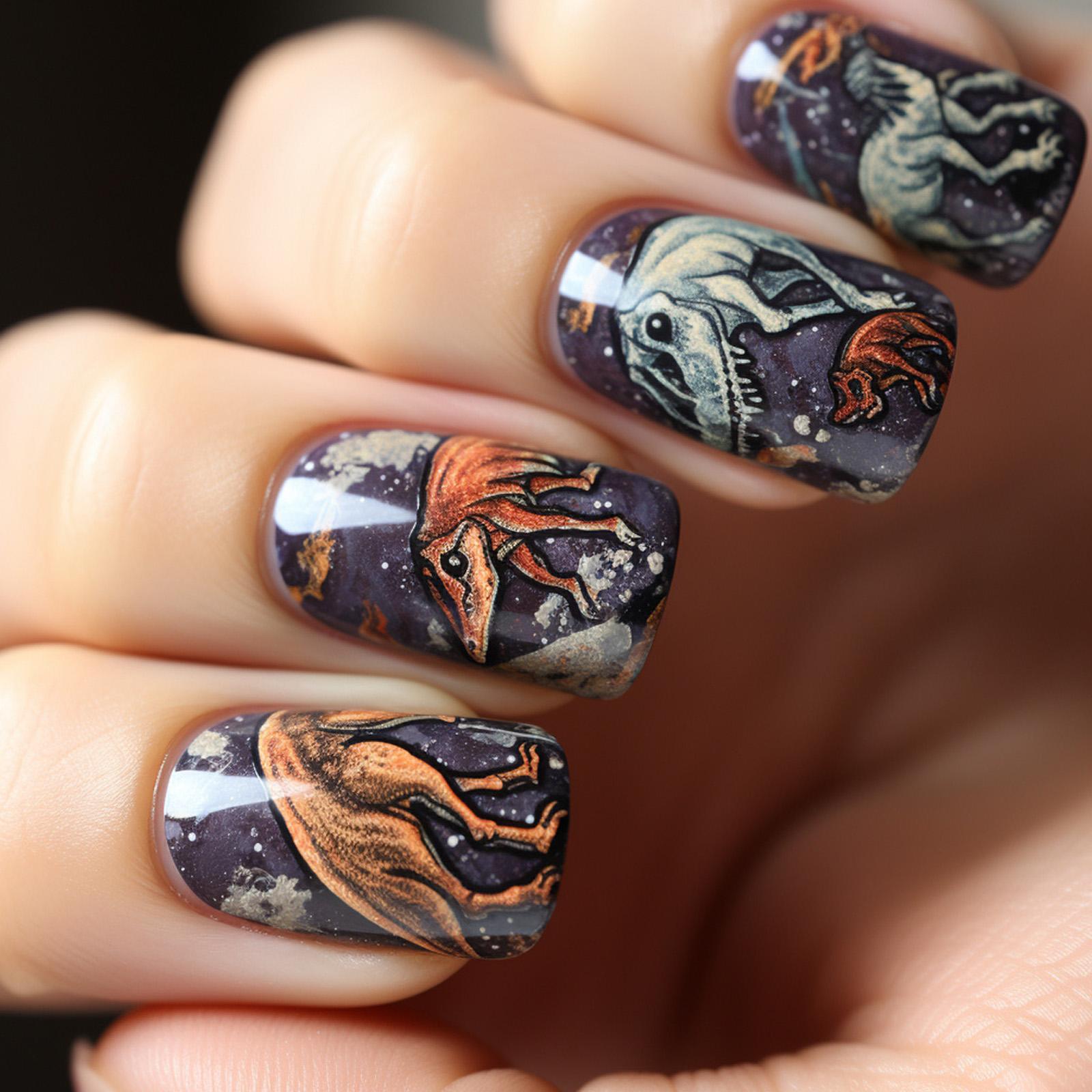 

24 шт. Глиттерный градиент Дизайн ногтей с динозаврами Накладные ногти Полное покрытие Наклейки для ногтей для празднования Дня независимости