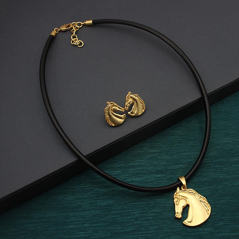 

Vintage Matte Gold Horse Head Necklace & Earrings Set