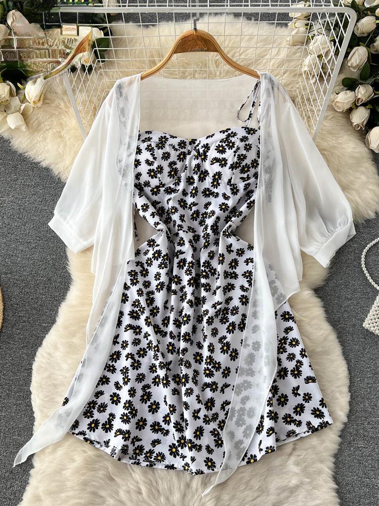 

Сладкие новые платья из двух частей с цветочным принтом, женские летние тонкие платья, модная элегантная женская одежда для отпуска, пляжная одежда трапециевидной формы One Size белый