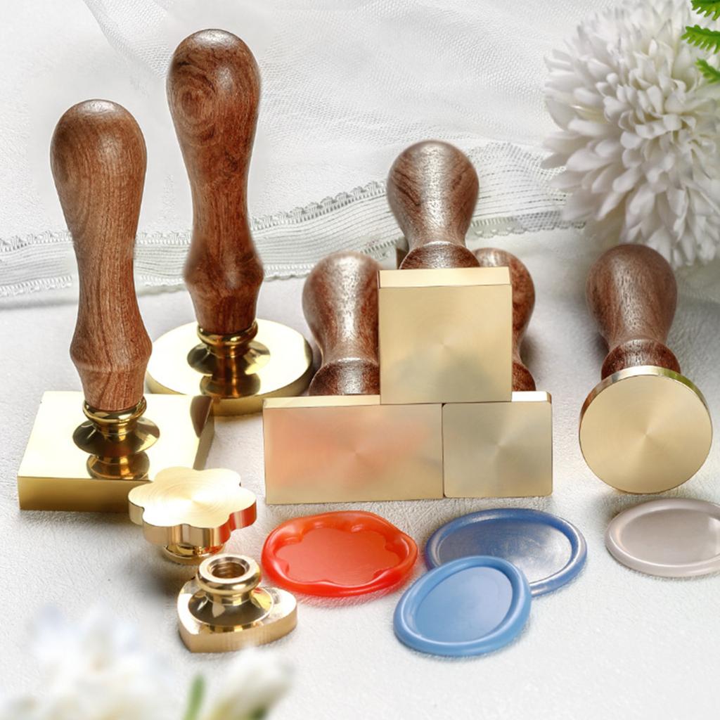 Craft Stamp Head with Wood Handle Set for Seal Card Envelope Unfinished Seal Stamp Round Square Flower Heart Stamp Head