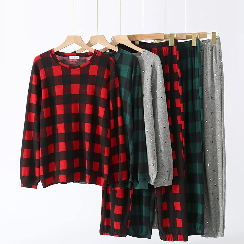 Waffle Cotton Pajama Long Gift 100% Women's Set, Loungewear, Spring/Autumn, Sleeves, Sleepwear, (XL, Red)