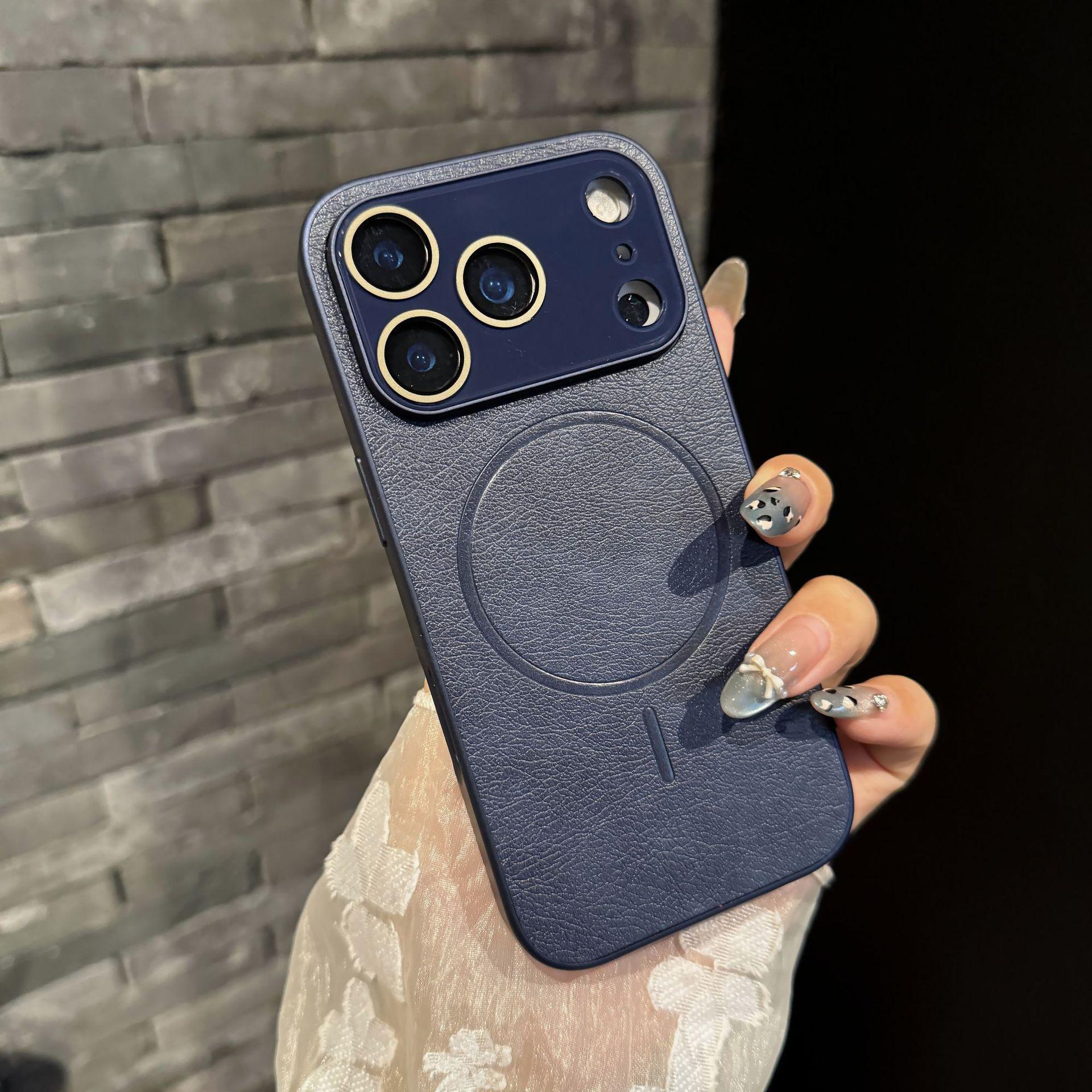 Magnetic Leather Texture Phone Case with Lens Film for iPhone 16 Pro Max For iPhone 16 Pro Max синий