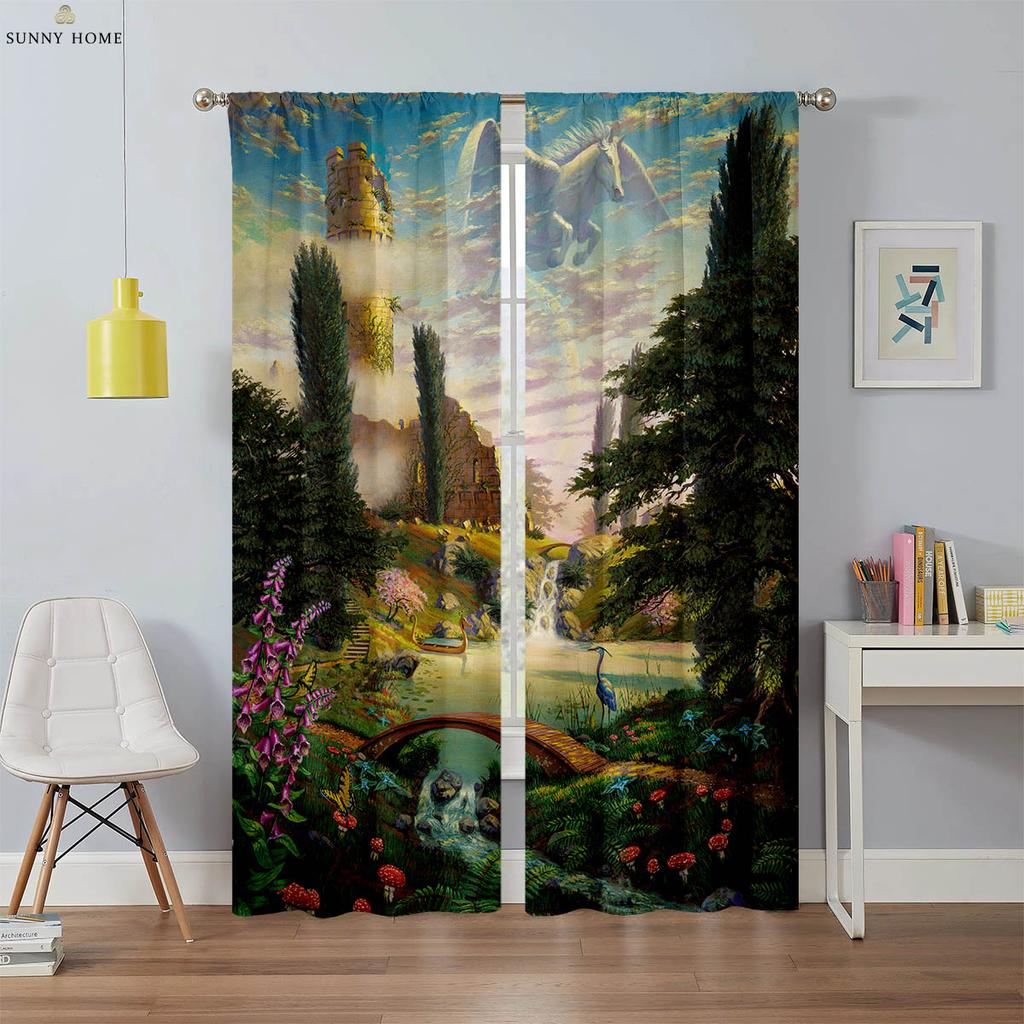 Floral Landscape Oil Painting Printed Curtains Machine Washable Rod Pocket Bedroom Living Room Kitchen Decorative Curtains 2PCS