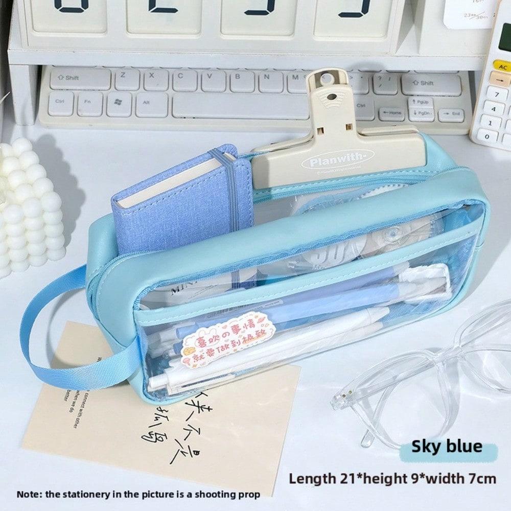 Trousse à crayons transparente lait sel portable sac de rangement portable étanche grande capacité boîte de rangement pour papeterie de grande valeur Light sky blue