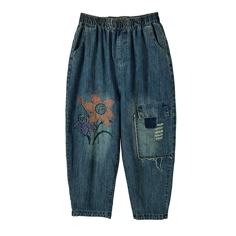 Große Tasche Lockere Haremjeans Damen Vintage Patch High Waist Denim Cropped Pants Damen Casual Streetwear Damenhose 2025