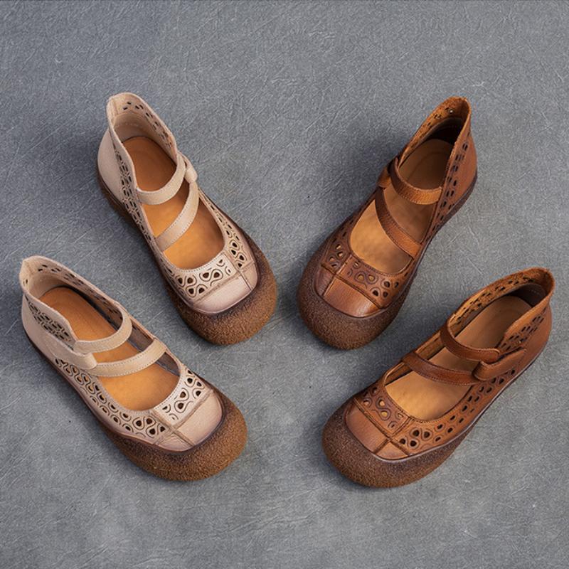 Johnature Hollow Breathable Sandals Genuine Leather Retro Soft Sole Comfortable Versatile Women's Shoes