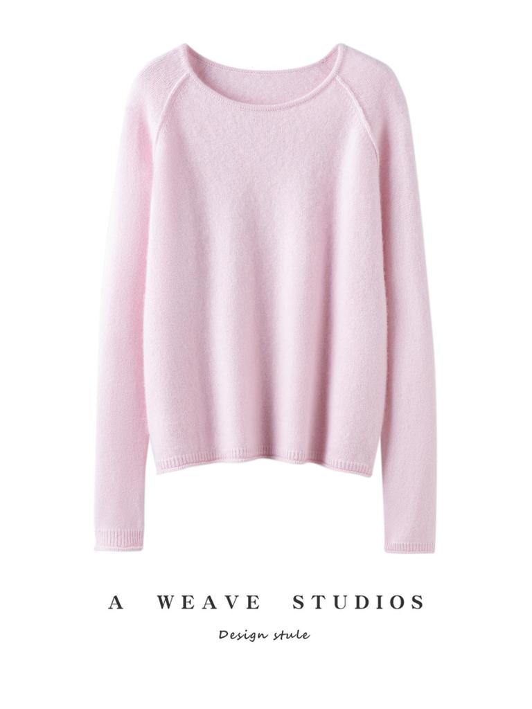 Women's High-End Cashmere Raglan Sleeve Pullover with Rolled Hem for Autumn/Winter