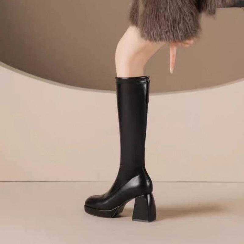 Fashion Women's Fashion Thick Heel Cotton Boots Winter New Sleeve Back Zipper Thick Sole Anti-slip Wear-resistant High Boots